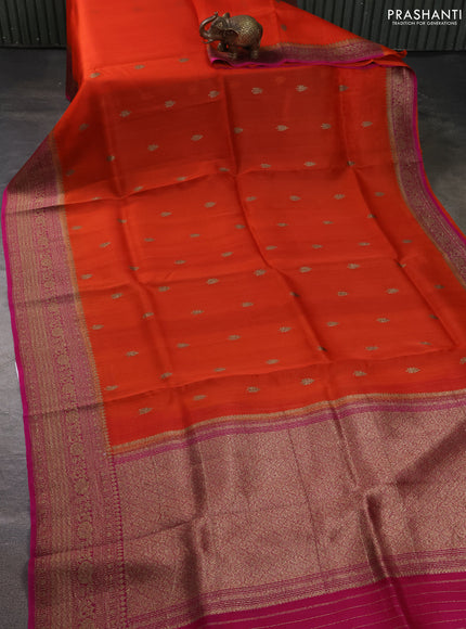 Banarasi organza silk saree orange and pink with allover thread & zari woven buttas and banarasi style border