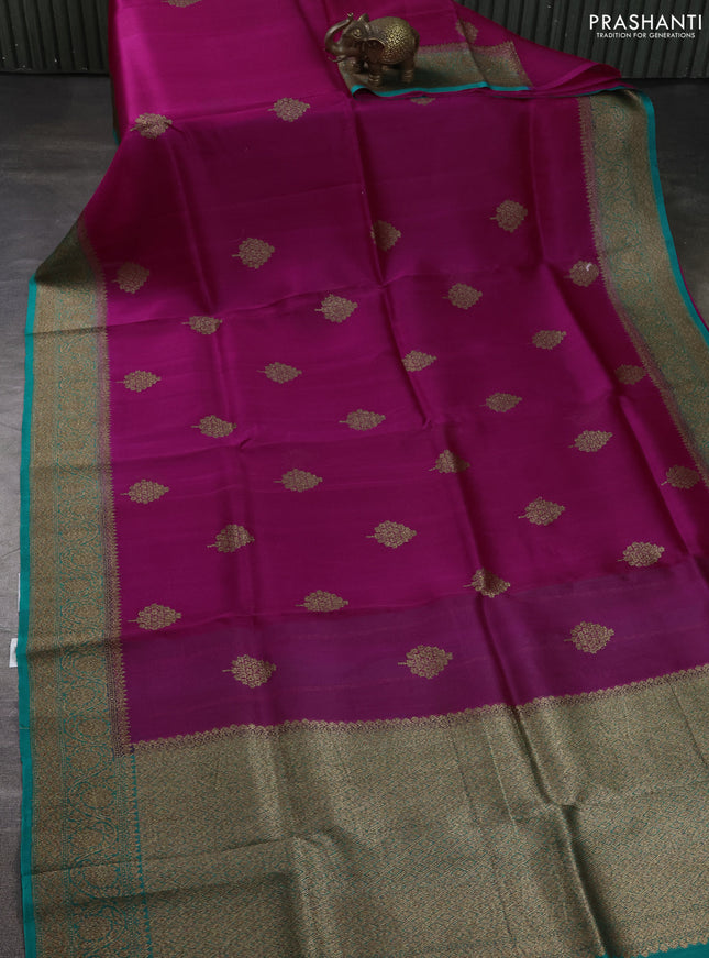 Banarasi organza silk saree pink and teal green with allover thread & zari woven buttas and banarasi style border