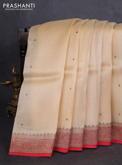 Banarasi organza silk saree beige and maroon with allover thread & zari woven buttas and banarasi style border