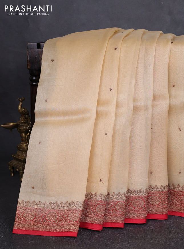 Banarasi organza silk saree beige and maroon with allover thread & zari woven buttas and banarasi style border