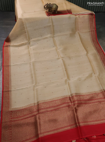 Banarasi organza silk saree beige and maroon with allover thread & zari woven buttas and banarasi style border