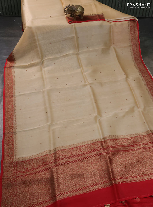 Banarasi organza silk saree beige and maroon with allover thread & zari woven buttas and banarasi style border