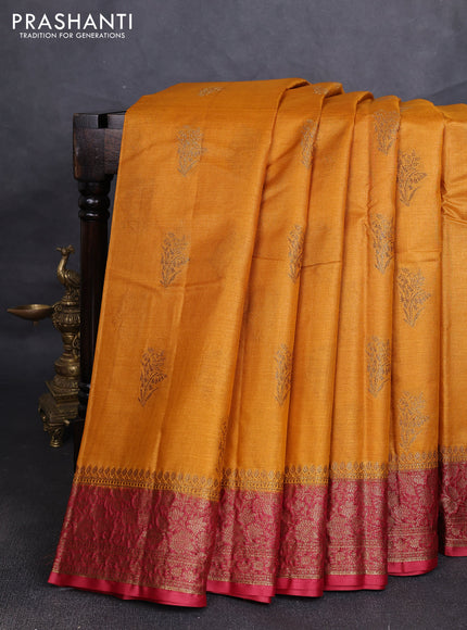 Banarasi tussar silk saree mustard yellow and maroon with allover thread & zari woven buttas and woven border
