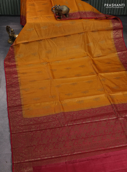 Banarasi tussar silk saree mustard yellow and maroon with allover thread & zari woven buttas and woven border