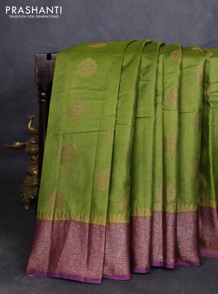 Banarasi tussar silk saree mehendi green and wine shade with allover thread & zari woven buttas and woven border