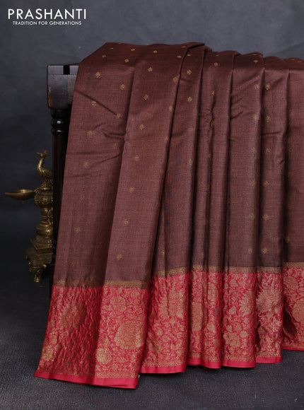 Banarasi tussar silk saree brown and maroon with allover thread & zari woven buttas and long woven border
