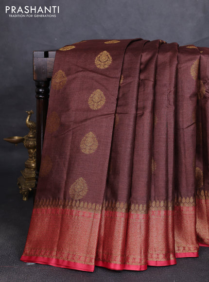 Banarasi tussar silk saree brown and maroon with allover thread & zari woven buttas and woven border