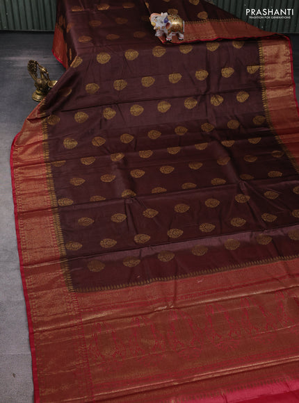Banarasi tussar silk saree brown and maroon with allover thread & zari woven buttas and woven border
