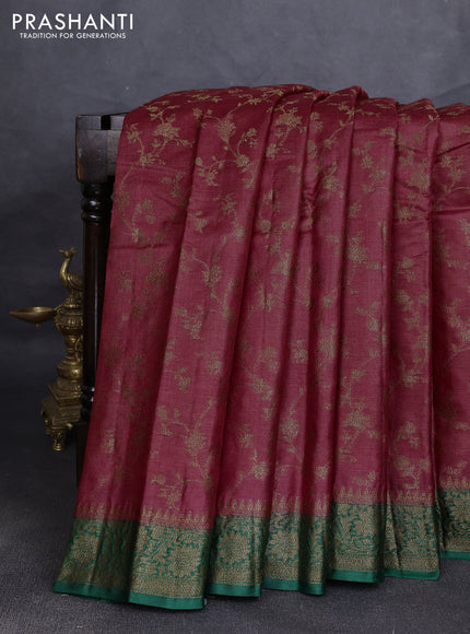 Banarasi tussar silk saree maroon and green with allover thread & zari weaves and woven border