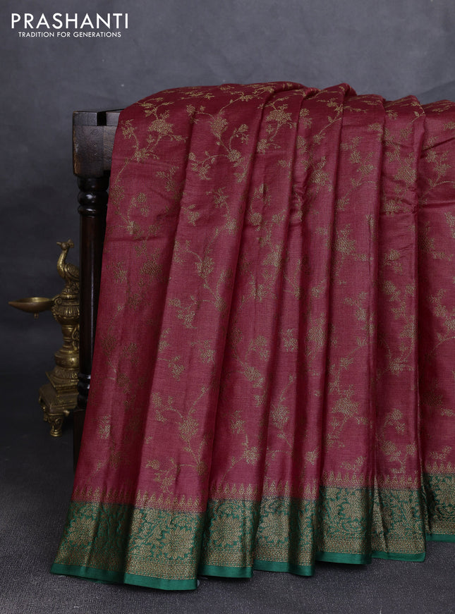 Banarasi tussar silk saree maroon and green with allover thread & zari weaves and woven border