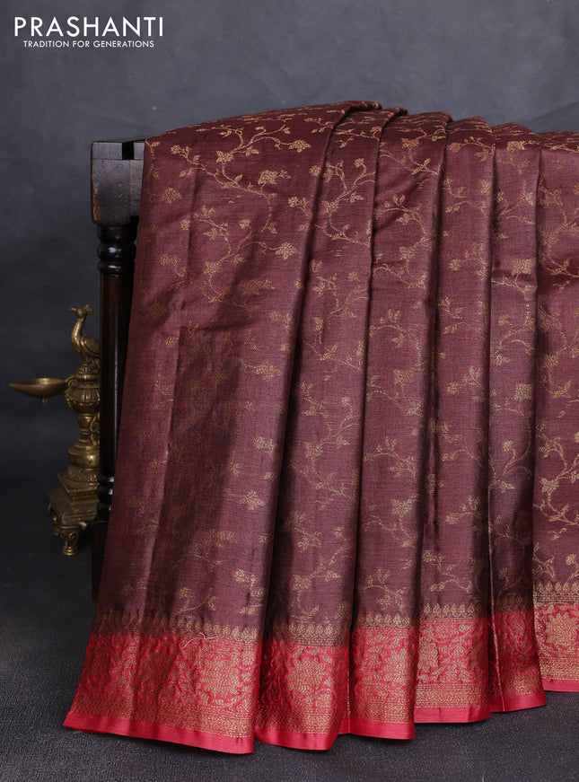 Banarasi tussar silk saree brown and maroon with allover thread & zari weaves and woven border
