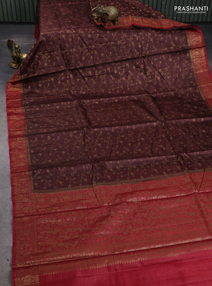 Banarasi tussar silk saree brown and maroon with allover thread & zari weaves and woven border
