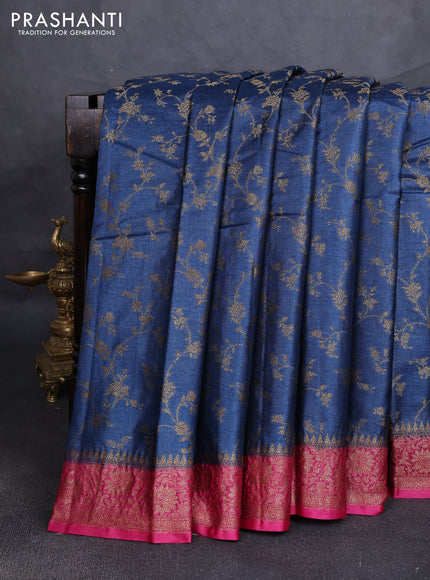 Banarasi tussar silk saree peacock blue and magenta pink with allover thread & zari weaves and woven border
