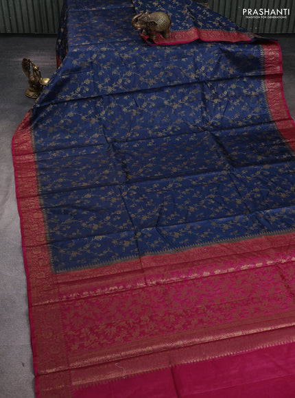 Banarasi tussar silk saree peacock blue and magenta pink with allover thread & zari weaves and woven border