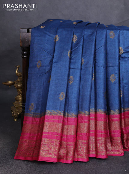 Banarasi tussar silk saree peacock blue and magenta pink with allover thread & zari woven buttas and long woven border