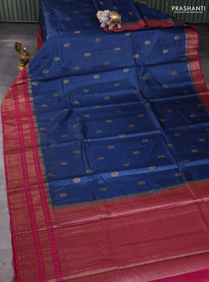 Banarasi tussar silk saree peacock blue and magenta pink with allover thread & zari woven buttas and long woven border