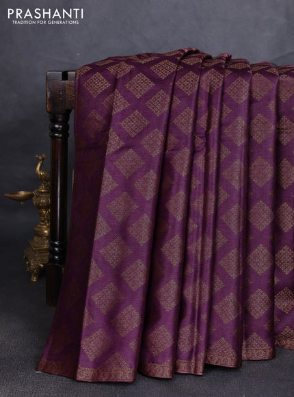 Banarasi tussar silk saree wine shade and green with allover thread & zari woven geomatric buttas and small woven border
