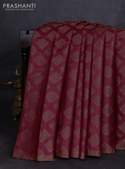 Banarasi tussar silk saree maroon and green with allover thread & zari woven geomatric buttas and small woven border