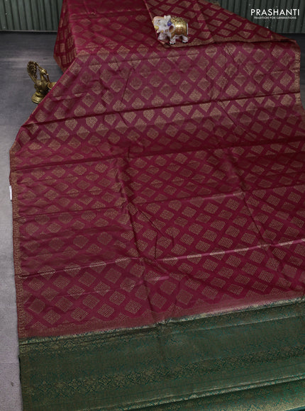 Banarasi tussar silk saree maroon and green with allover thread & zari woven geomatric buttas and small woven border