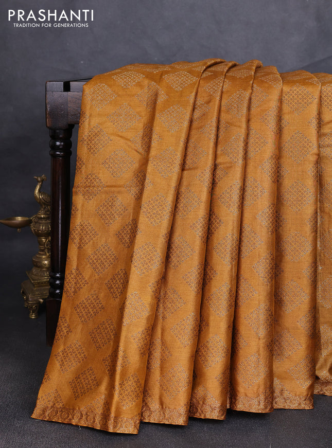 Banarasi tussar silk saree mustard yellow and maroon with allover thread & zari woven geomatric buttas and small woven border