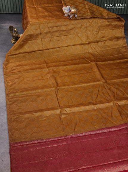 Banarasi tussar silk saree mustard yellow and maroon with allover thread & zari woven geomatric buttas and small woven border