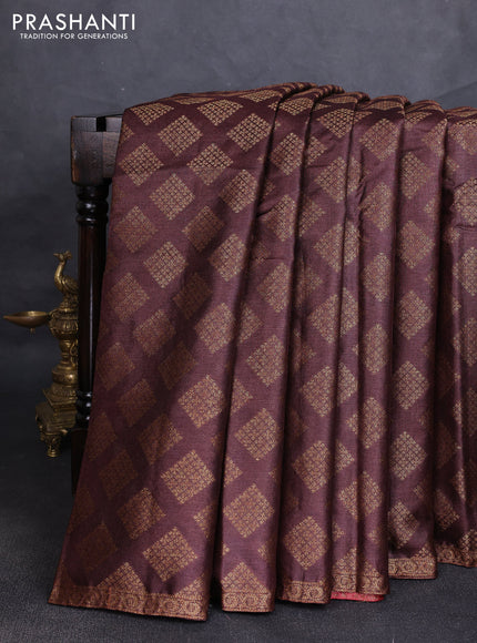 Banarasi tussar silk saree brown and maroon with allover thread & zari woven geomatric buttas and small woven border