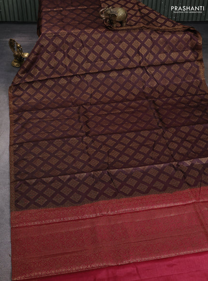 Banarasi tussar silk saree brown and maroon with allover thread & zari woven geomatric buttas and small woven border