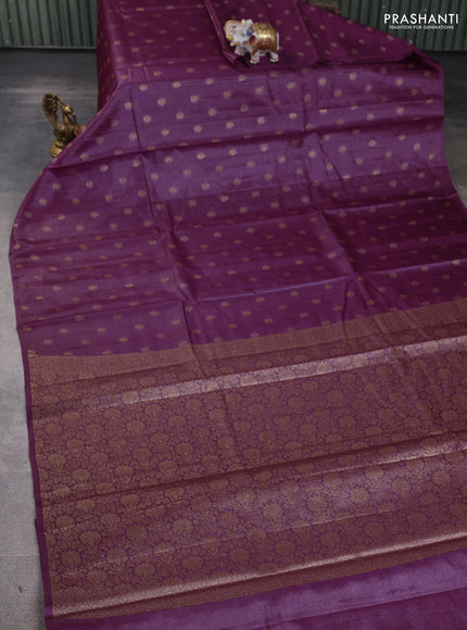 Banarasi tussar silk saree wine shade with allover thread & zari woven buttas in borderless style
