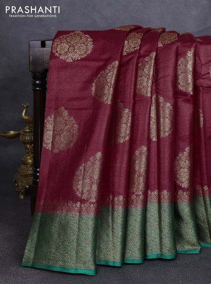 Banarasi tussar silk saree maroon and green with allover thread & zari woven buttas and woven border