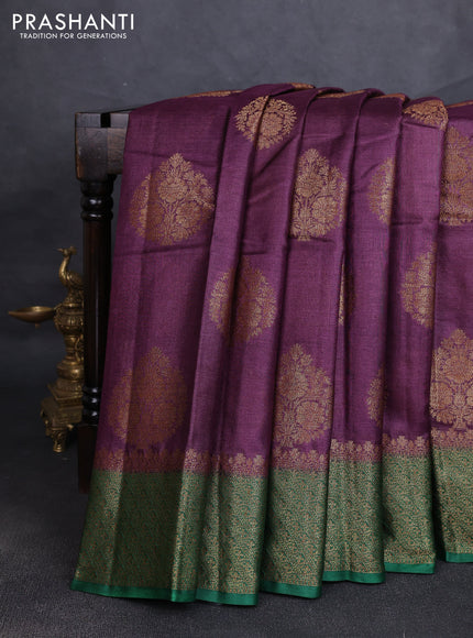 Banarasi tussar silk saree wine shade and green with allover thread & zari woven buttas and woven border