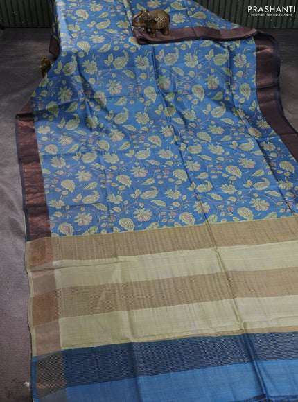 Pure tussar silk saree blue and elephant grey with allover kalamkari prints and zari woven border
