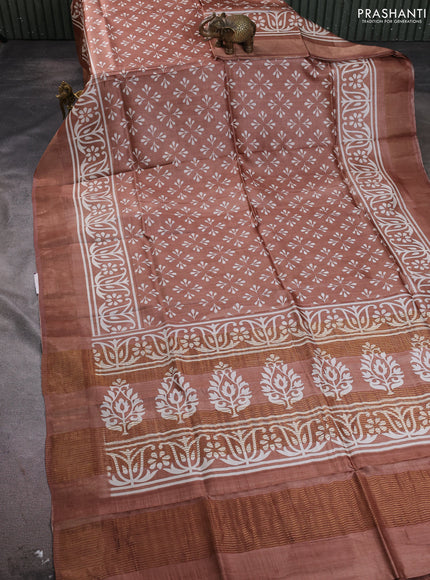 Pure tussar silk saree pastel brown with allover butta prints and zari woven border