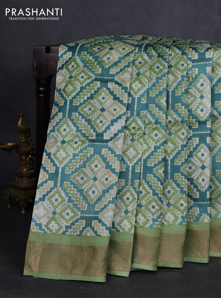 Pure tussar silk saree teal green and light green with allover geometric prints and zari woven border