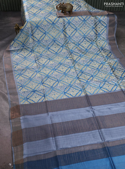Pure tussar silk saree blue and grey with allover geometric prints and zari woven border