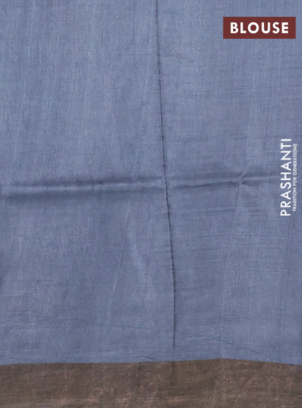 Pure tussar silk saree blue and grey with allover geometric prints and zari woven border