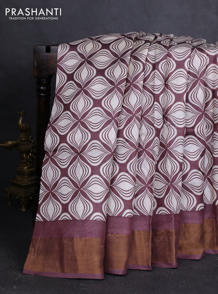 Pure tussar silk saree brown and off white with allover geometric prints and zari woven border