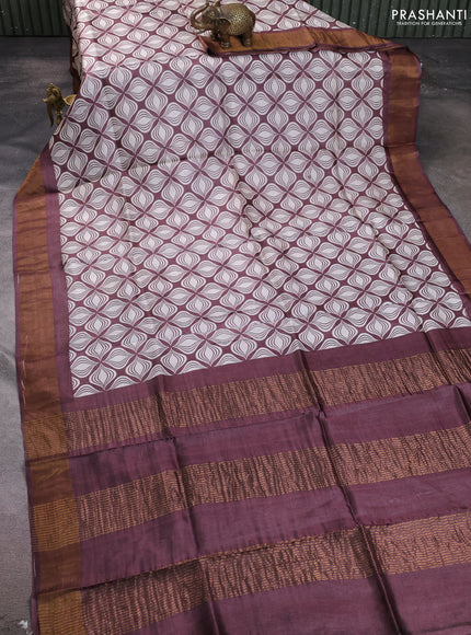 Pure tussar silk saree brown and off white with allover geometric prints and zari woven border