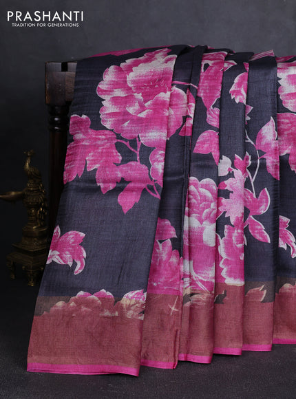 Pure tussar silk saree black and pink with allover floral prints and zari woven border