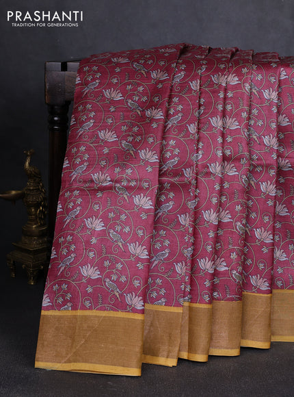 Pure tussar silk saree maroon shade and mustard yellow with allover floral prints and zari woven border