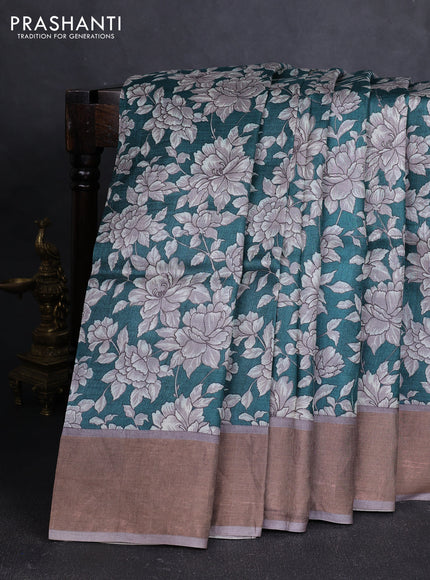 Pure tussar silk saree teal green and grey with allover floral prints and zari woven border