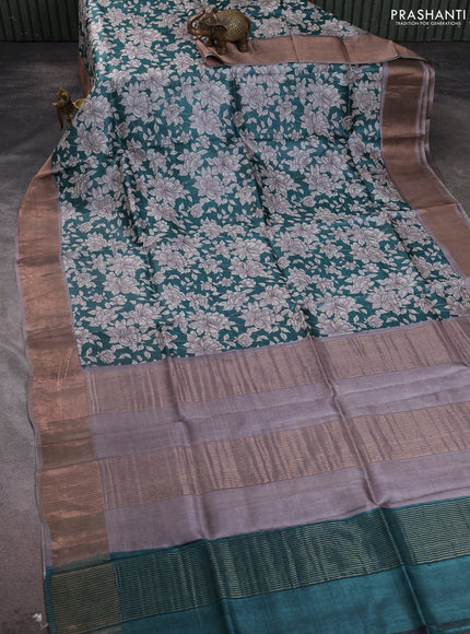Pure tussar silk saree teal green and grey with allover floral prints and zari woven border