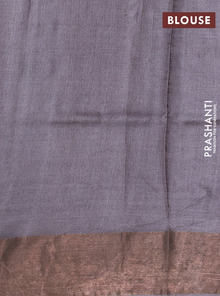 Pure tussar silk saree teal green and grey with allover floral prints and zari woven border