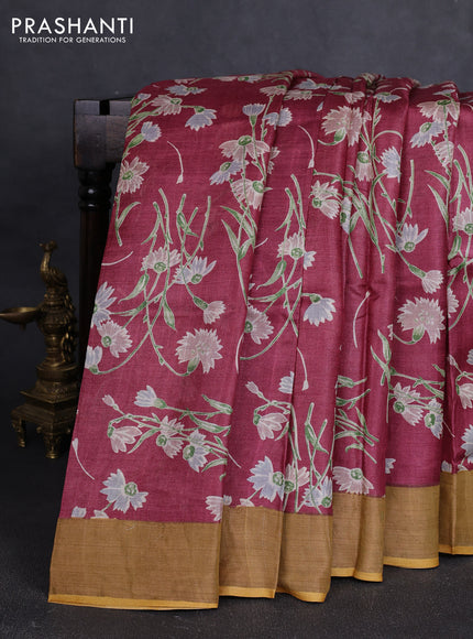 Pure tussar silk saree maroon and yellow with allover floral prints and zari woven border