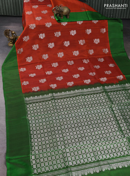 Venkatagiri silk saree orange and green with allover silver zari woven buttas and simple border