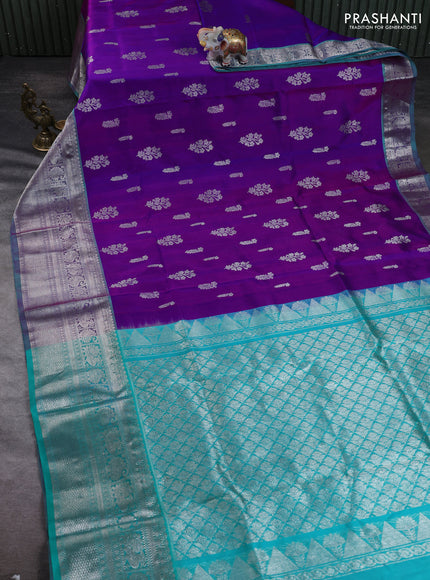 Venkatagiri silk saree purple and teal green with allover silver zari woven buttas and long zari woven border