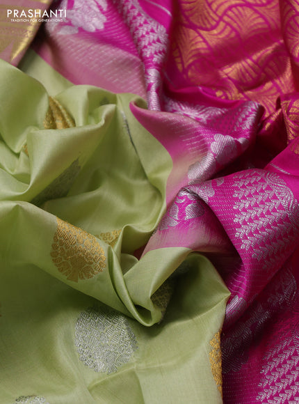 Venkatagiri silk saree pista green and pink with allover silver & zari woven buttas and zari woven border