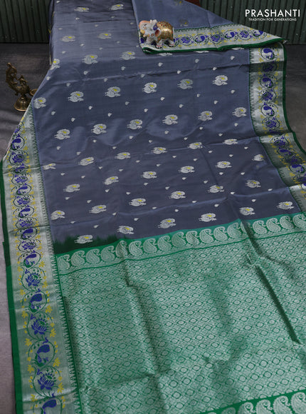 Venkatagiri silk saree grey and green with allover silver zari woven buttas and zari woven border