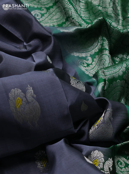 Venkatagiri silk saree grey and green with allover silver zari woven buttas and zari woven border