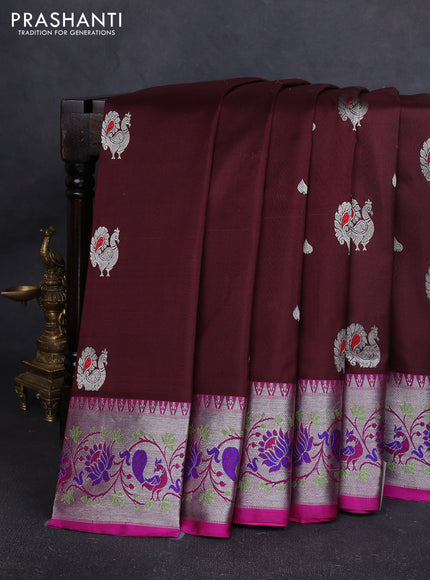 Venkatagiri silk saree coffee brown and pink with allover silver zari woven buttas and silver zari woven border