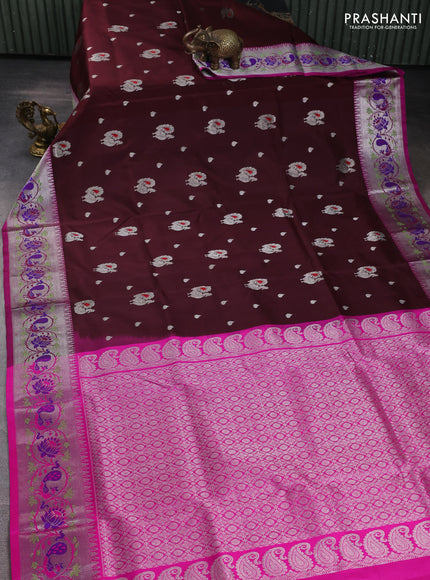 Venkatagiri silk saree coffee brown and pink with allover silver zari woven buttas and silver zari woven border